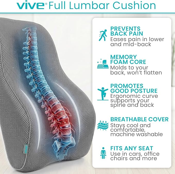 Vive Full Lumbar Cushion - Memory Foam Contour Support for Lower Back Pain - Ergonomic Pressure Relief for Office Chair, Car - Large Mesh Orthopedic Seat Backrest Roll for Improving Posture (Gray)