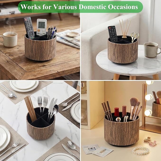 Round Leather Art Supply Organizer,Remote Control Holder,360 Degree Spinning,Multi-Functional Pencil Holder,4 Compartments Desktop Stationary Organizer(1-Thin Wood Brown)