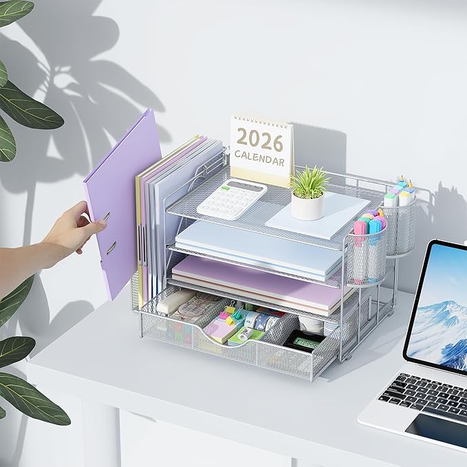 gianotter Desk Organizers and Accessories with File Holder, 4-Tier Desk Accessories & Workspace Organizers with Drawer and 2 Pen Holder, Paper Organizer for Office Supplies (Grey)