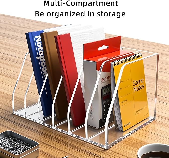 Acrylic Magazine File Holder, 6 Vertical Compartments Desk Document Sorter Organizer, Clear Folder Rack Binder for Office, Tablets, Magazines, Books – Home/Classroom Rack, 5mm Thick