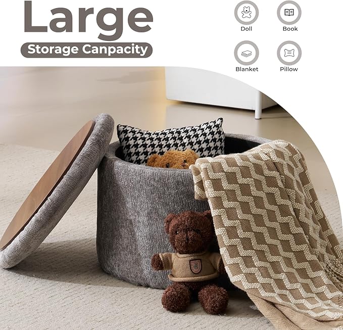 Modern Round Storage Ottoman, Chenille Ottoman Foot Stools, Ottoman Footstool with Removable Lid, Storage Ottoman for Living Room, Multi-Functional Footrest, Dark Grey