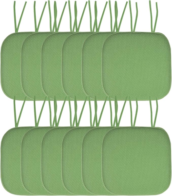 Sweet Home Collection Chair Cushion Memory Foam Pads with Ties Honeycomb Pattern Slip Non Skid Rubber Back Rounded Square 16" x 16" Seat Cover, 12 Pack, Green 12 Pack