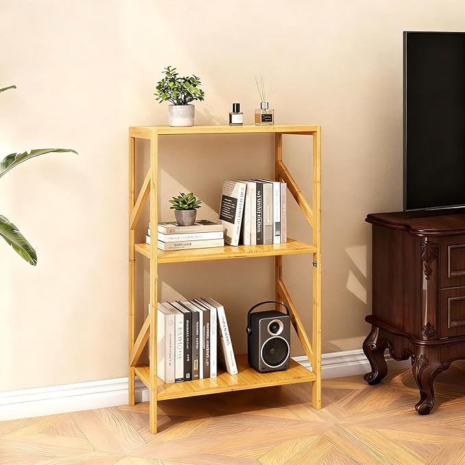 Bamboo Bookshelf, 3 Tier Rustic Style Bookcase, Multifunctional Narrow Shelving Unit Storage Rack for Living Room, Garage, Kitchen, Office, Bookroom, Bedroom, 42 x 30 x 80 cm (3 Tier)