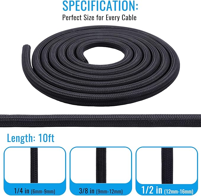 1/2" Braided Cable Sleeve - 10Ft Cat Cord Protector Split Wire Loom Tubing Flexible Self Wrapping for USB, Audio, Automotive Cord, Dog Chew Proof Cable Protector - Black