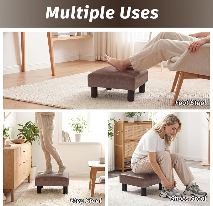 Joveco Small Footstool Ottoman Upholstered PU Leather Square Footrest Ottomans Small Foot Rest for Desk Couch Living Room Bedroom Office (Brown)