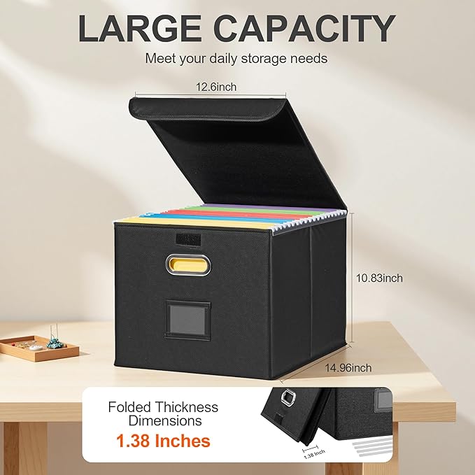 Hleelomi Collapsible File Box with Lid & Plastic Slide - Hanging Document Organizer for Office/Home, 14.96x12.6x10.83 Inch,Decorative Home File Bin,Black, 1 Pack (No Folders Included)