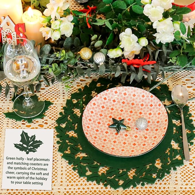 Noctiflorous Round Felt Placemats with Coasters Set of 6 Diameter 13 inch Non Slip Place Mats Heat Resistant Durable Tablemats Fall Table Decorations for Dining Table(Christmas Green, 6)