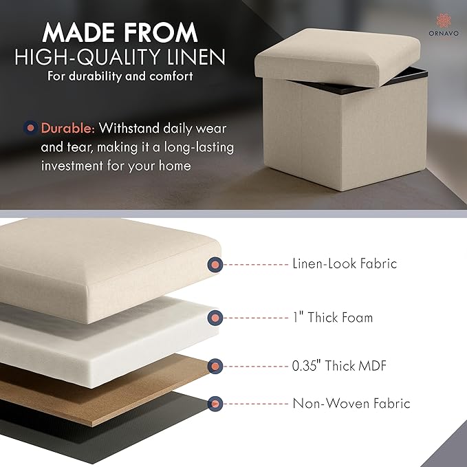 Ornavo Home Small Storage Ottoman Foldable Collapsible Cube Square Linen Ottoman Foot Rest Stool Seat, for Living Room, Bedroom, Home Office, Dorm - 12 x 12 x 12, Beige