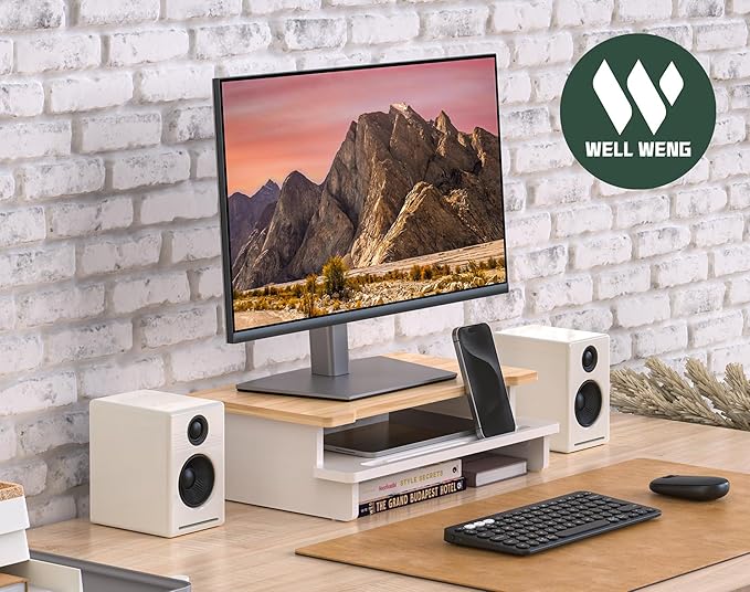 Computer Monitor Stand Riser, 16.5 Inch Wood Desk Shelf Storage Organizer with Phone Tablet Holder, White & Natural Bamboo