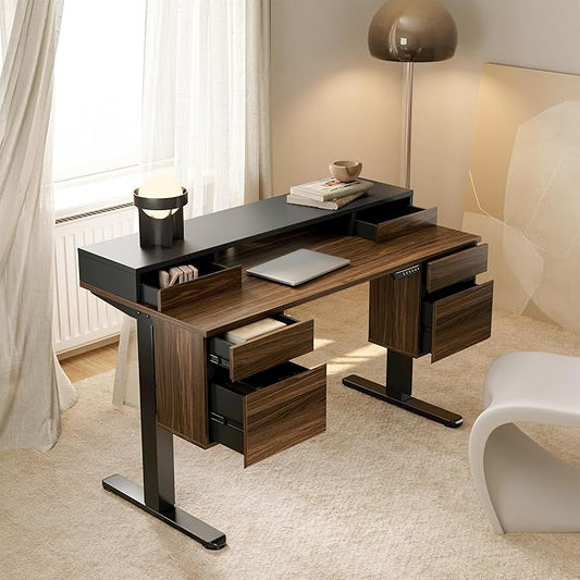 HUANUO Electric Standing Desk with 6 Drawers, 55 Inch Height Adjustable Stand Up Desk with Storage, Computer Workstation Compatible with Monitor Stand for Home Office, Black Walnut