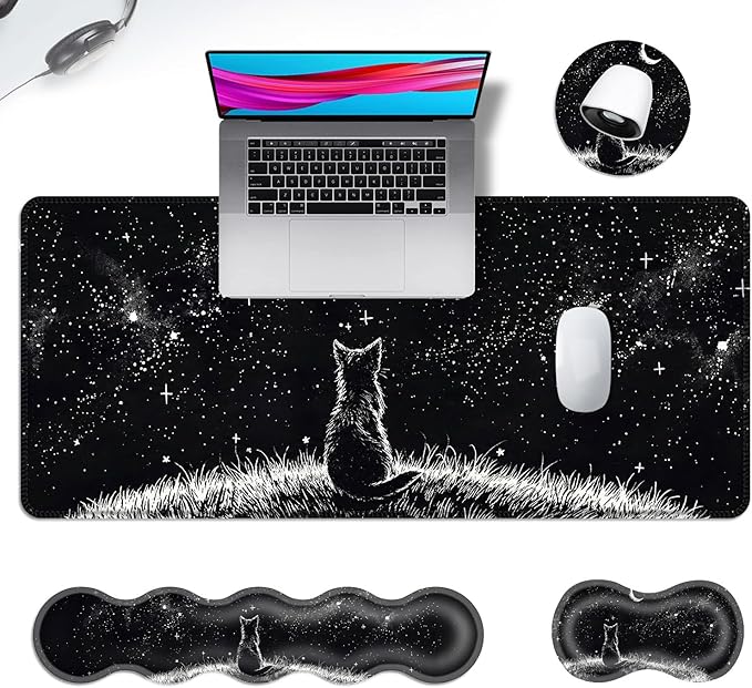Ergonomic Mouse Pad Set with Wrist Support for Keyboard and Wrist Rest for Mouse, Memory Foam Comfort, Non-Slip Large Desk Mat for Home Office Pain Relief,Black Cat Moon Starry