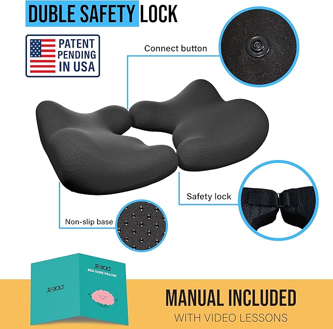 Memory Foam Bed Sore Cushion with T-Shaped Cutout – Pressure Relief Pillow for Tailbone, Coccyx & Butt | Dual-Piece Design with Massage Tool & Washable Cover for Sitting or Lying (Black)