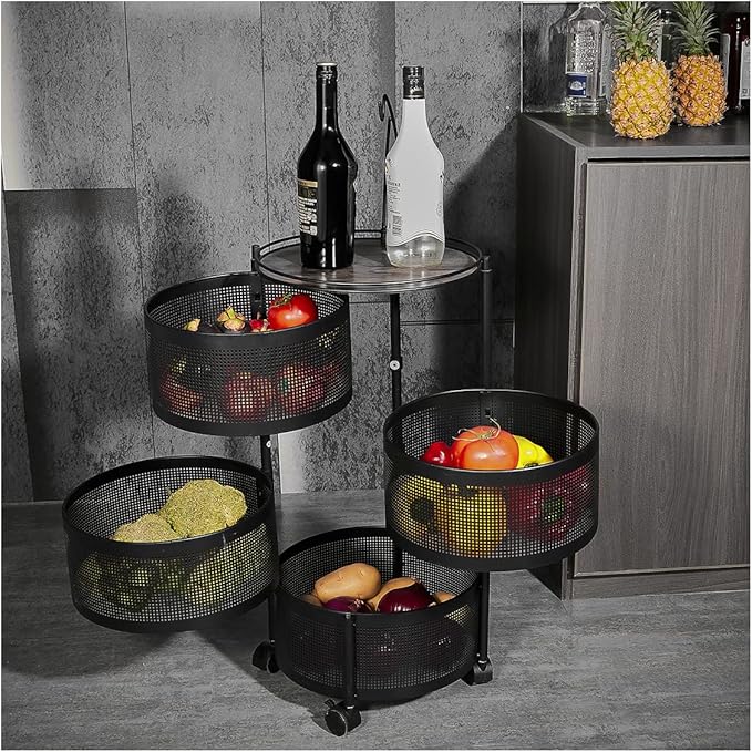 Rotating Storage Rack for Kitchen, 4 Tier Fruit and Vegetable Storage for Kitchen Rotating Storages Rack with Wheels, Cart Space Saver Potatoes Fruit Basket, Black