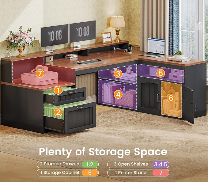 SEDETA 59" L Shaped Desk with Drawers, Farmhouse Corner Computer Desk, Wood Office Desk with File Drawers with Storage, Home Office Desks with Monitor Stand and Storage Cabinet, Brown and Black