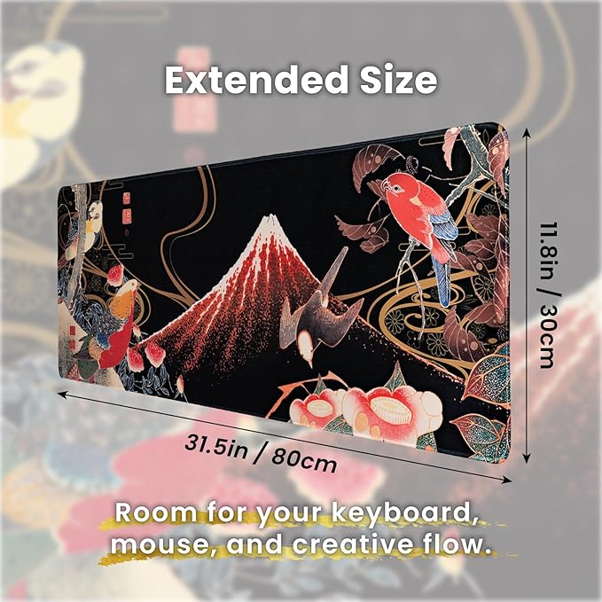 BELLEMOND Japanese Art Desk Mat | Large 31.5x11.8in Anime Mouse Pad for Keyboard & Mouse | Non-Slip Base, Water-Repellent | Original Japanese Design | Crimson Wings Over Fuji
