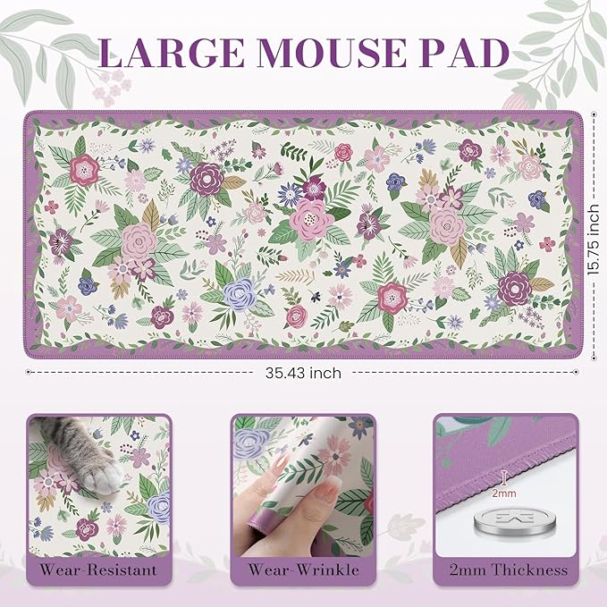 iCasso Floral Desk Mat for Keyboard and Mouse,Cute Gaming Mouse Pad XXL,Anti-Slip Desk Matt for Desktop,Soft Lycra Surface Computer Mat Women,Girly Big Mousepad for Home Office (Purple Floral)
