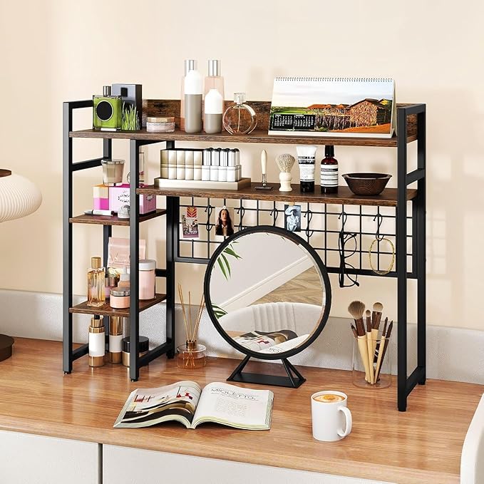 COSTWAY Desktop Bookshelf for Monitors up to 32", 37" x 10" Countertop Organizer with 4 Open Shelves, Grid Panel with 6 Hooks, Anti-Tip Safety Kit, and Adjustable Feet for Home Office (Brown)