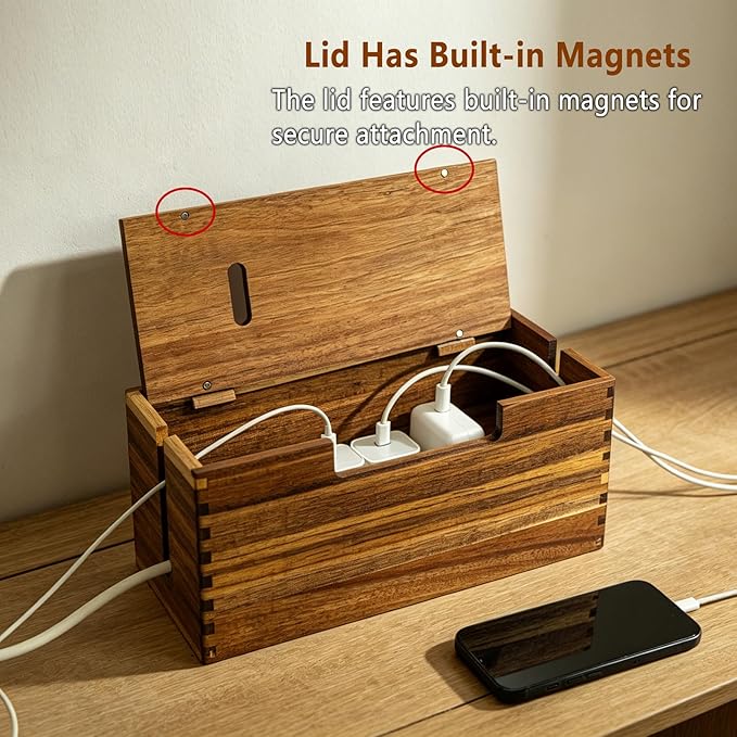 Acacia Wood Cable Management Box, Large Wooden Cord Hider Organizer for Power Strip, TV Wires, Desk & Floor Electrical Cords - Under Desk Wire Storage Box for Home Office Cable Organization