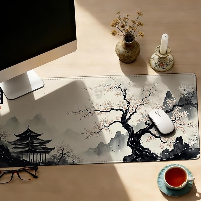 Large Gaming Mouse Pad Japanese Cherry Blossom Desk Mat,Non-Slip Rubber Base Stitched Edges,Extended Mousepad for PC,Laptop,Office,Home Decor(31.5 x 11.8 Inch)