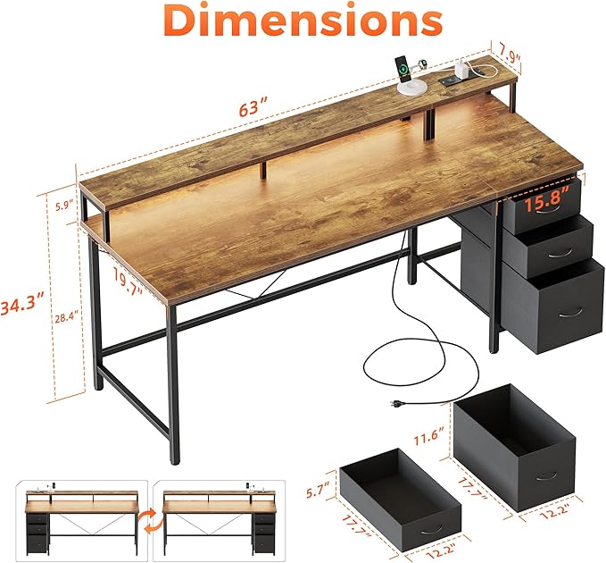 Mericonia 63 inch Computer Desk with Storage Drawers & Monitor Stand, Reversible Gaming Desk with LED Lights & Power Outlets, Large Gaming Table for Home Office