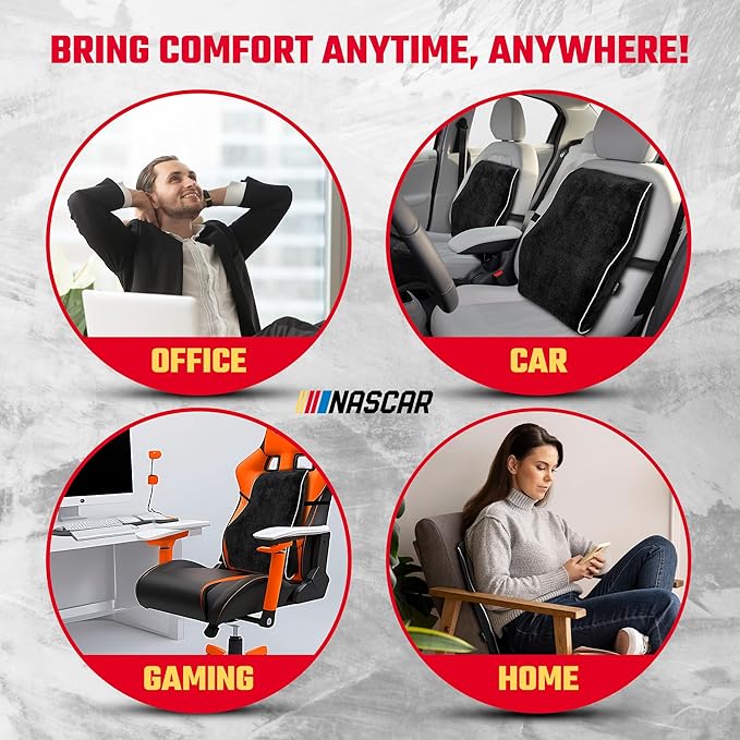 NASCAR Lumbar Support Pillow for Office Chair, Car, Gaming Chair, Home | Contoured Ergonomic Back Support | Premium Memory Foam | Breathable & Washable Jaquard Velvet Cover w/Adjustable Strap, Black