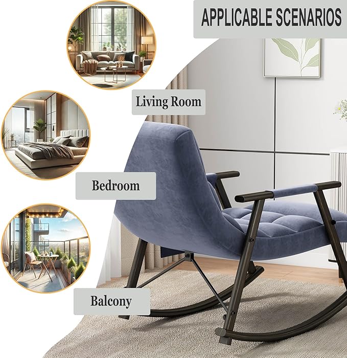 Folding Rocking Chair Nursery with Armrests, Upholstered Lounge Chair Indoor with Side Pocket, Adjustable High Back & Footrest, Glider Rocking Chair for Living Room, Bedroom, Balcony (Velvet, Blue)