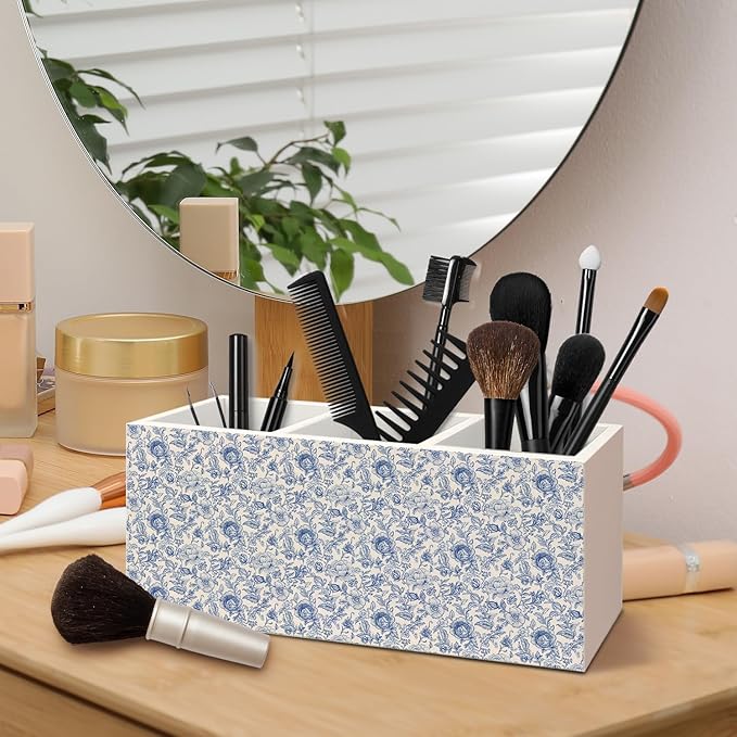 Chinoiserie Floarl Pen Holder Desk Accessories, Chinoiserie Blue and White Floral Makeup Brush Toothbrush Holder Organizer for Home Office Desk Bathroom