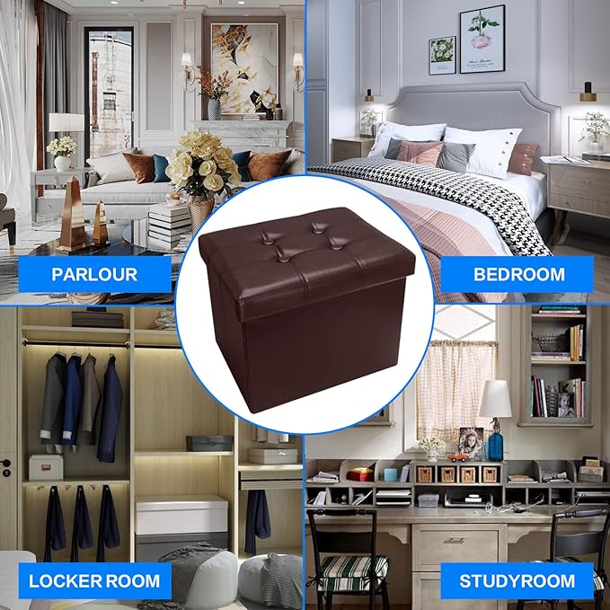 Bsketa 2PC Storage Ottoman, Folding Foot Stool with Thicker Foam Padded Seat Small Leather Storage Ottoman Bench Foot Rest for Living Room Foldable Coffee Table 17x13x13in,Brown