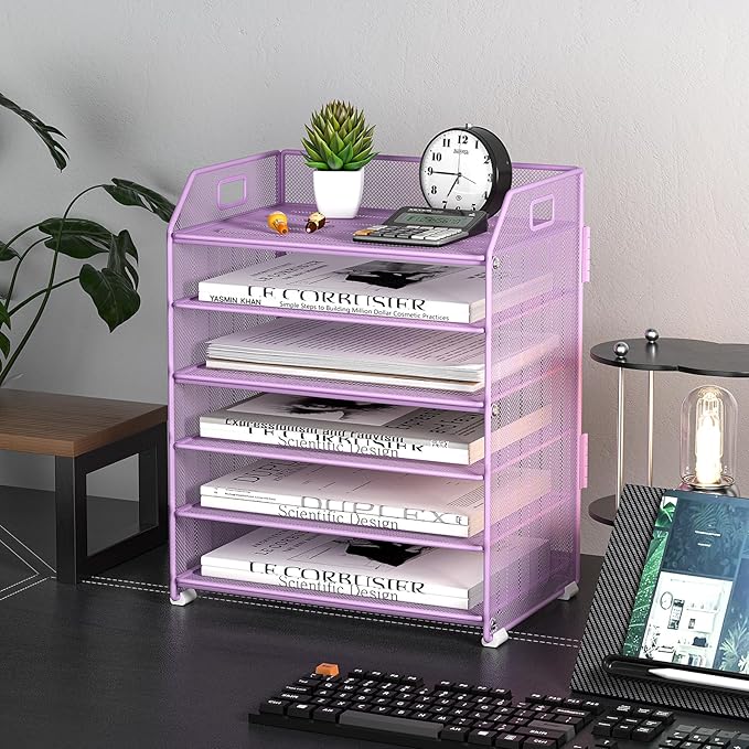 6 Trays Paper Organizer Letter Tray with Pull-Out Drawer, Assembled Mesh Desk File Holder, Metal Paper Sorter for Office Documents, Purple
