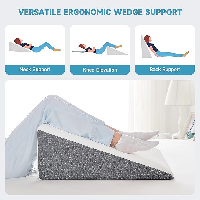 Yojoker Wedge Pillow for Sleeping - Bed Wedge Pillow for Headboard, High Density Foam Triangle Pillow for Elevated Sleeping, Snoring, Post Surgery Support, Back & Leg Elevation, White Grey, 7.5 Inch