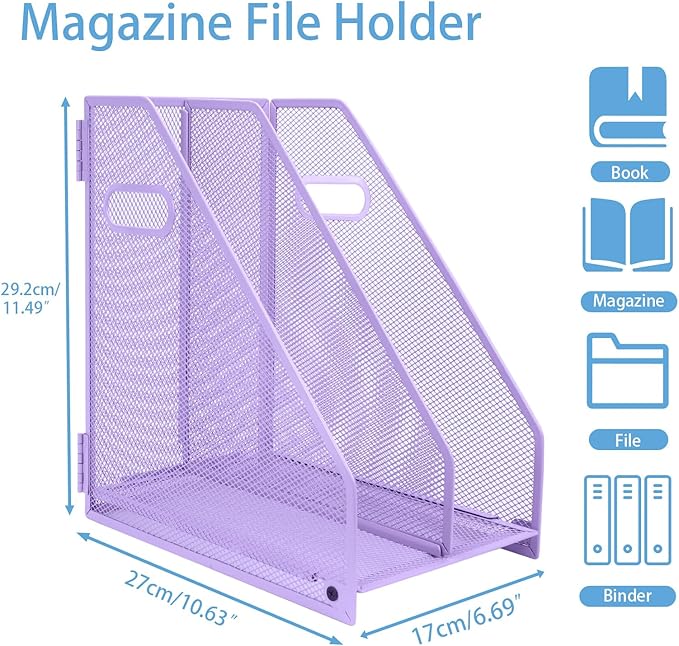 Desk Organizers Metal Magazine File Holder Racks Desktop Folder Storage Binder Organiser Document Organization for Home Office & Classroom,2 Vertical Compartments-Purple