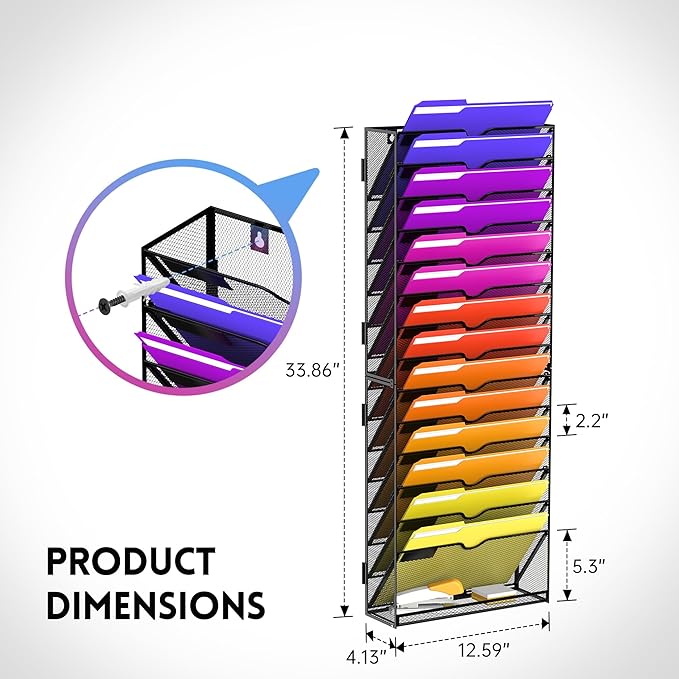 15-Tier Wall File Organizer, Wall File Holder Mesh Mail Organizer for Papers, Folders, Letters, Magazine Rack for Office Home Classroom, Black