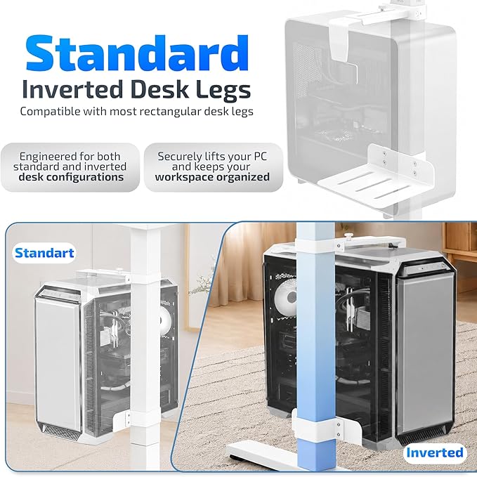 DEHAGLOBAL Clamp Mount Under Desk Pc Mount, Adjustable Height and Width No Drilling 50 lb Capacity with Non-Slip Pads & Cable Organizer for Standing Desk (White, 80mmx50mm)
