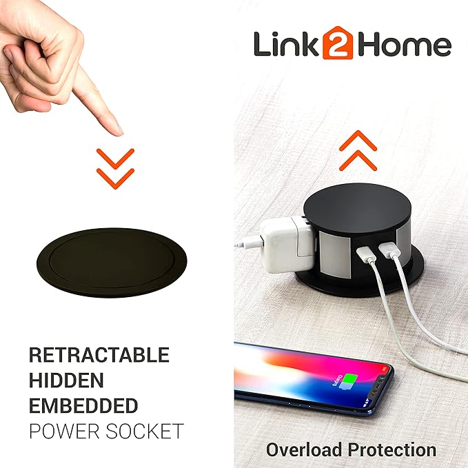 Link2Home Wireless Charging Pop Up Outlet with USB, Space Saver Retractable Power Station with 3 Outlets (15A), 2 USB A/C Ports (3.0A), Splash Resistant for Kitchen Island, Office Desk & Workshop
