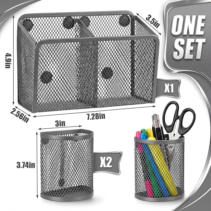 Marspark 3 Pcs Magnetic Pen Holder Set Metal Pencil Holder with Strong Magnets Wire Mesh Storage Basket Organizer for Locker Accessories Whiteboard Refrigerator School Office Dorm(Grey)