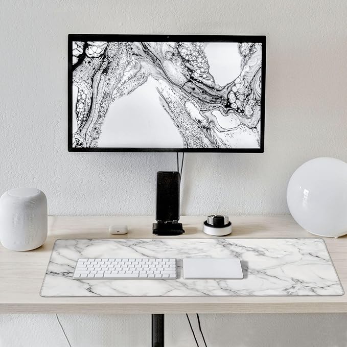 White Marble Large Mouse Pad & Desk Mat Extended Mousepad with Stitched Edges Non-Slip Rubber Base Laptop Computer Keyboard Pad for Gaming, Office & Home Decor, XXXL - 35.4" X 15.7"