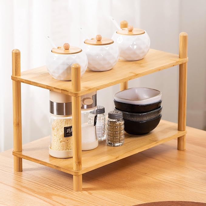 Expandable Bamboo Desktop Organizer Shelf Kitchen Cabinet and Counter Riser Display Shelf for Top of Desk Home Office Bathroom Coffee Table Display Stand (Natural, 2-Tier S)