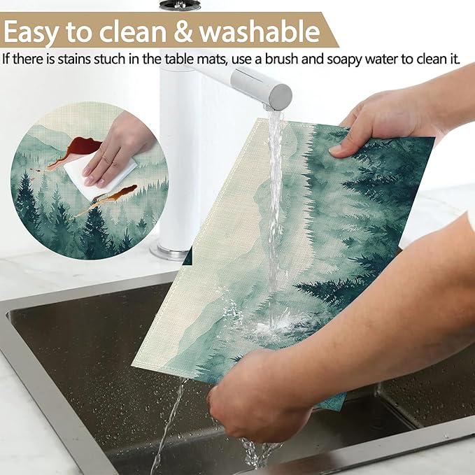 Watercolor Forest Landscape Linen Placemats Set of 6, Decorative Table Mats 12x18 Inch, Washable Heat Resistant Placemats for Dining Table Kitchen Home Decor