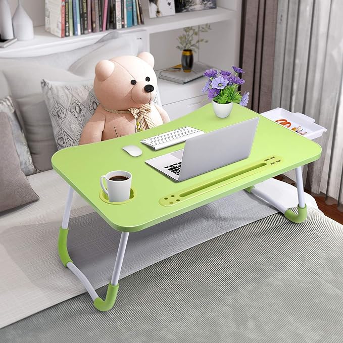 Slendor Lap Desk with Tablet Slot, Foldable Laptop Table with Storage Drawer for Bed，Portable Bed Desk for Laptop, Computer Tray with Cup Holder Notebook Stand Reading Holder for Couch Floor, Green