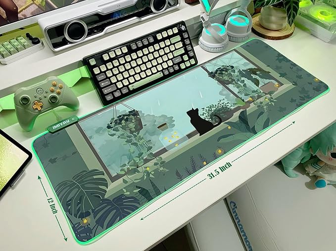 JMIYAV Black Kitten RGB Green Gaming Mouse Pad 31.5x12 Inch PC XL Large Glowing Led Light Up Desk Pad Non-Slip Rubber Base Computer Cute Mousepad Mat Desk Accessories Gaming Setup 31.5x12 Inch