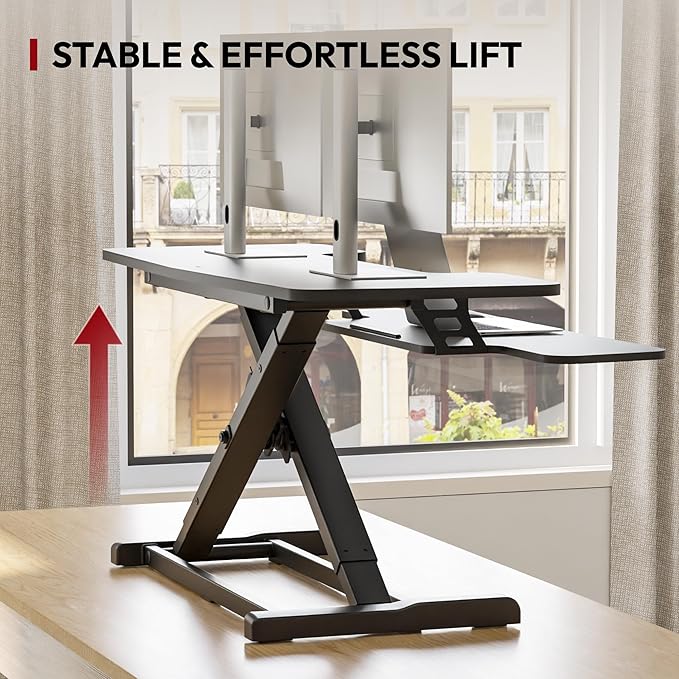 SANODESK 40" Desk Converter, Height Adjustable Sit to Stand Riser, Dual Monitor and Laptop Workstation with Wide Keyboard Tray, Modern Minimalist Design, Black