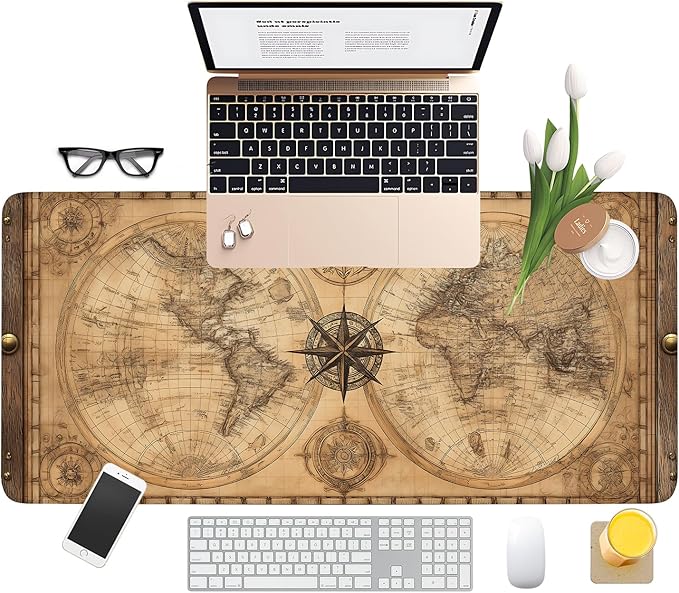 Vintage World Map Extended Gaming Mouse Pad 35.4 x 15.7 Inch – Retro Desk Mat for Gaming, Office Work, and Study, with Non-Slip Rubber Base
