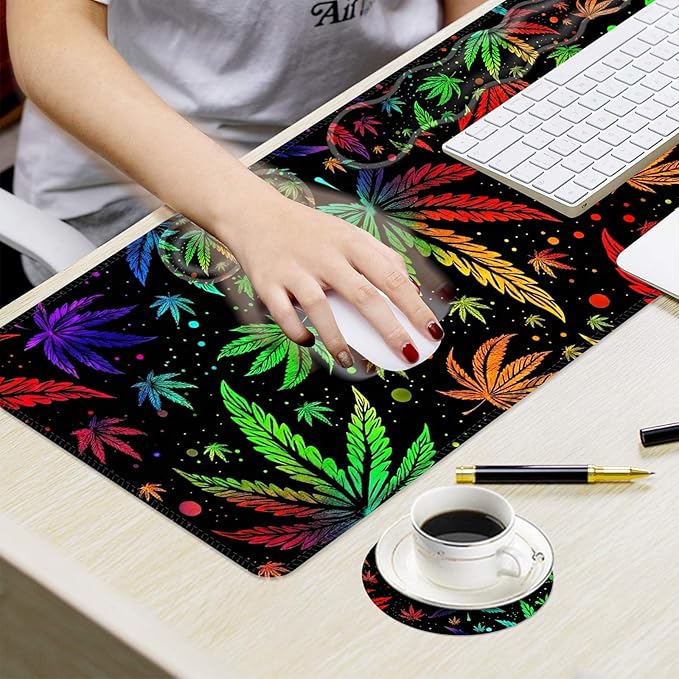 Ergonomic Mouse Pad Set with Wrist Support for Keyboard and Wrist Rest for Mouse, Memory Foam Comfort, Non-Slip Large Desk Mat for Home Office Pain Relief,Psychedelic Weed Leaf