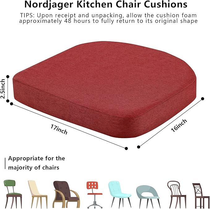 Nordjager Chair Pads for Dining Chairs, Chair Cushions 2 Piece, 17"x 16"x 2.5" Memory Foam Seat Cushions with Ties and Removable Cover