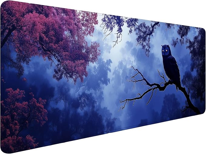 Owl Desk Mat Forest Dark Mysterious Purple Bird Animal Extended Gaming Mouse Pad Mat with Stitched Edge Non-Slip Base Big Mouse Pad 31.5"x11.8" Office Computer Keyboard Laptop Home