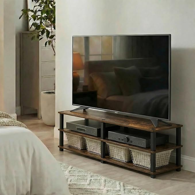 Furinno Turn-S-Tube Toolless Assembly 3-Tier TV Stand, Entertainment Center for TV up to 46 Inch, Wide Printer Stand with Storage Shelf, for Living Room, Bedroom, Amber Pine