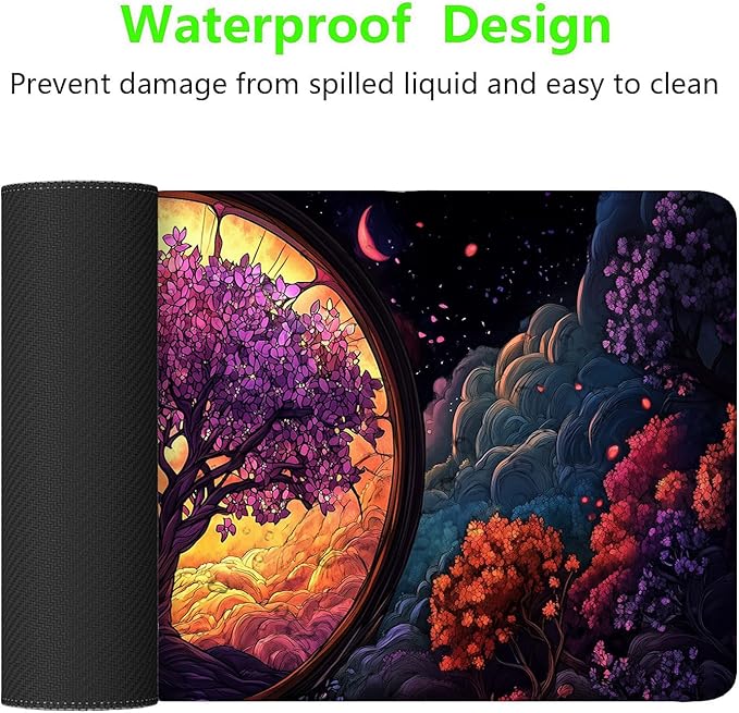 Tree of Life Desk Mat Glass Fantasy Purple Cherry Blossoms Extended Gaming Mouse Pad Mat with Stitched Edge Non-Slip Base Big Mouse Pad 31.5"x11.8" Office Computer Keyboard Laptop Home