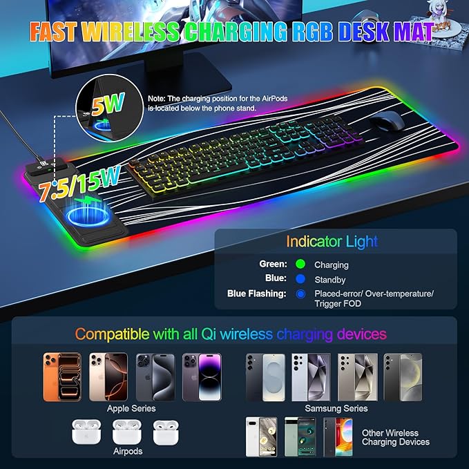 RGB Mouse Pad with Foldable Phone Stand Wireless Charger, 31.5"x11.8" XL Gaming Mousepad Large Desk Mat, Desk Pad with 11 Colors 5 Modes, Waterproof (Wave Print)
