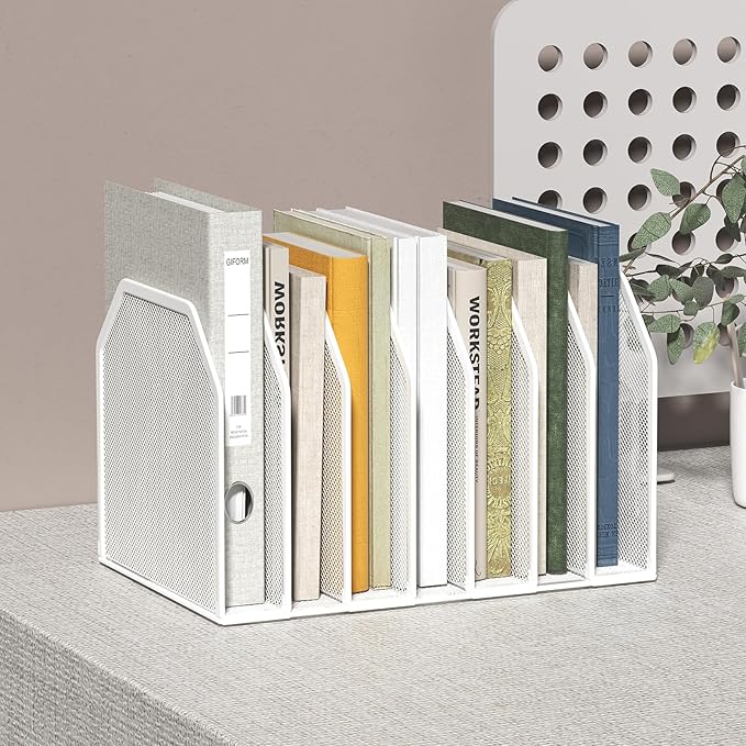 FANXIYQ Metal 7 Section File Folder Organizer for Desk | Vertical Office File Holder | Heavy-Duty Mesh Document Sorter for Books, Binders, Laptops | Desk Organizer,7 Sections White