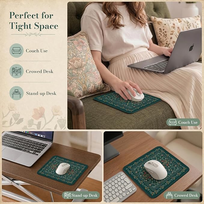 iCasso Aesthetic Small Floral Mouse Pad, Mini Portable Travel Mousepad, Anti-Slip and Comfortable Cloth Mouse Mat 7.9"x9.5" with Stitched Edges for Computer, Laptop, Office, Home(Deep Green)
